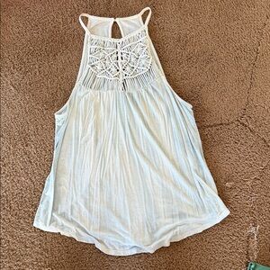 Light Teal Blue Crochet Yoke Halter Tank Top
